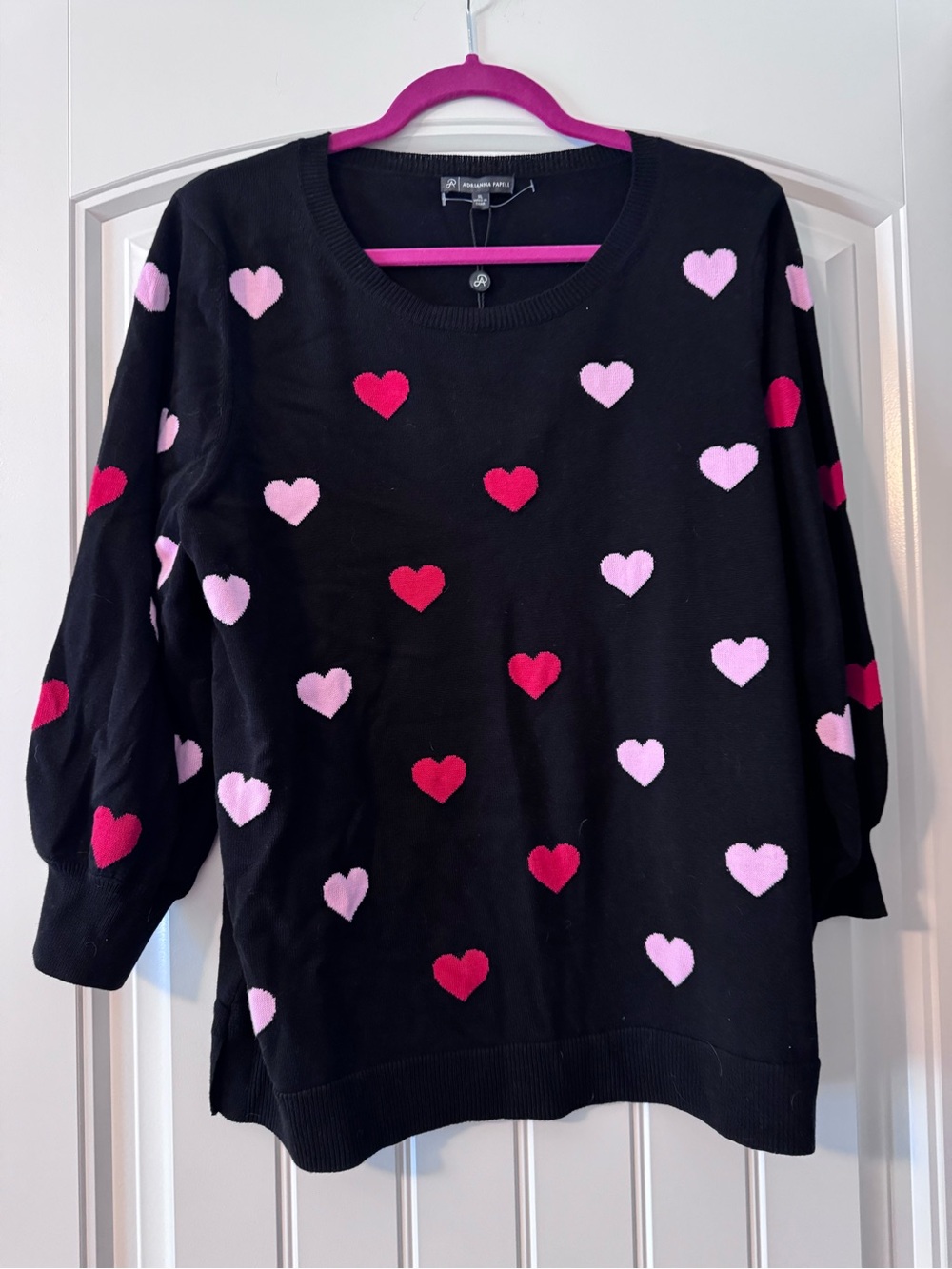 Adrianna Papell Black Sweater with Pink & Red Heart Motifs
